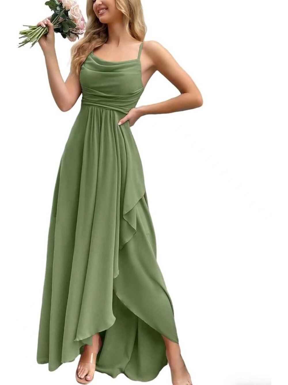 Women's Grass Green Cowl Neck Spaghetti Strap Cocktail Bodycon Maxi Dress